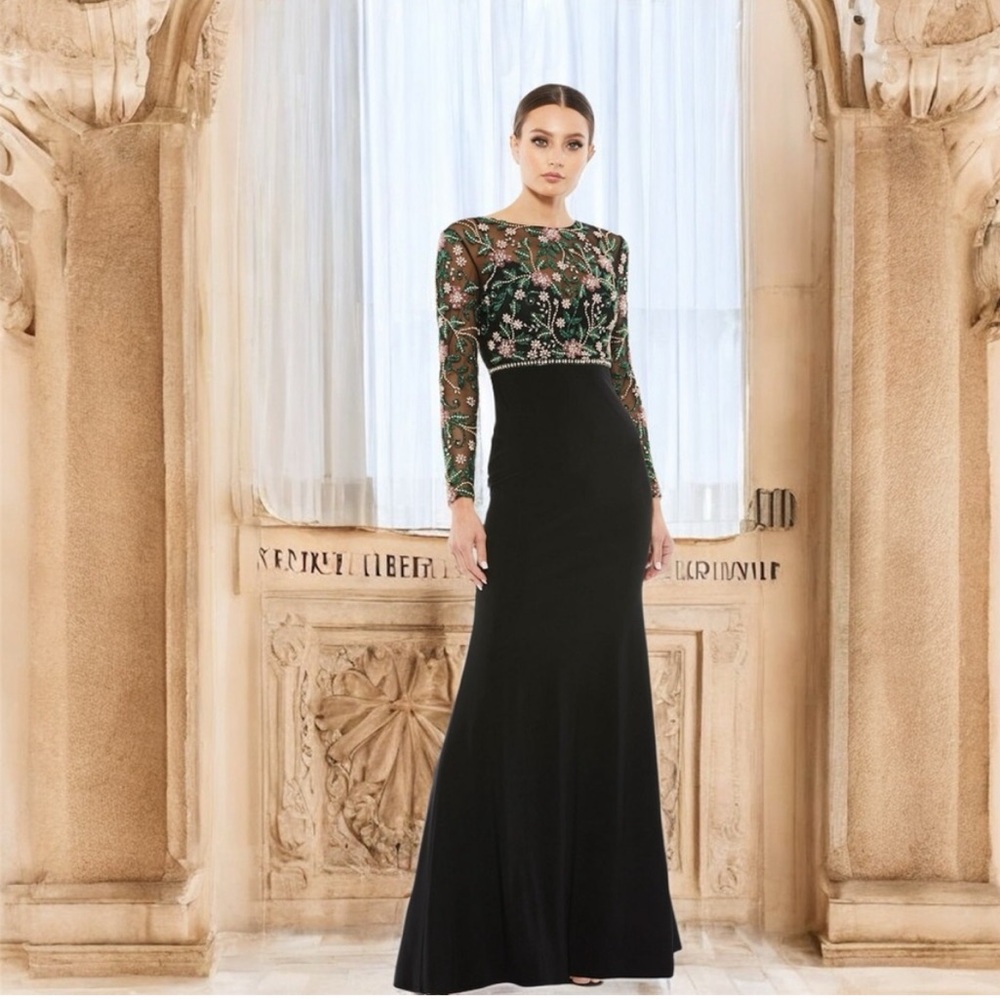 Mac Duggal Black Floral Embellished Illusion Gown Size 14 1619